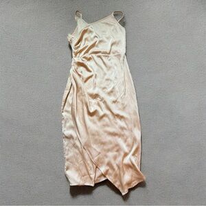 Champagne Satin Midi Slip Dress - Spaghetti Strap